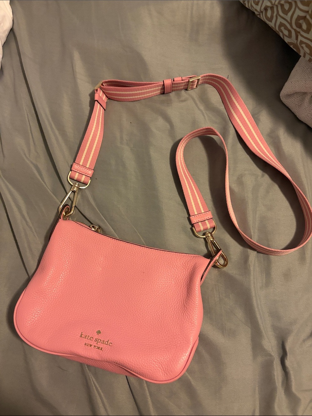 kate spade Coral Pink Pebbled Leather Crossbody with Striped Strap